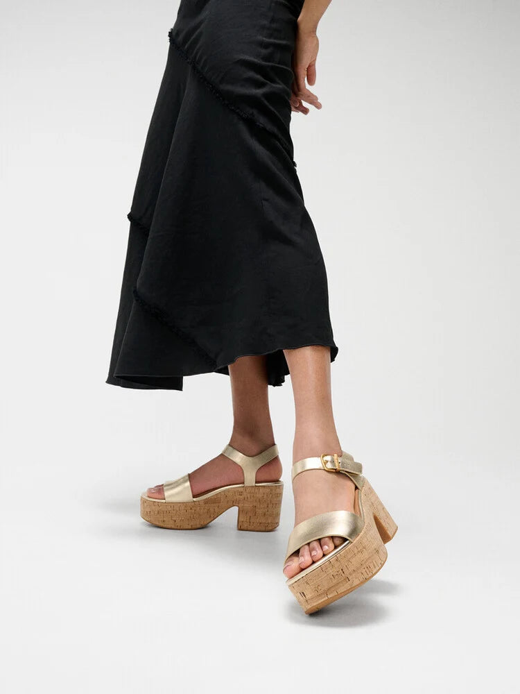 Platform Leather / Cork Ankle Strap in Platino