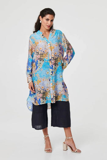 Floral Long Sleeve Longline Tunic Shirt in Blue