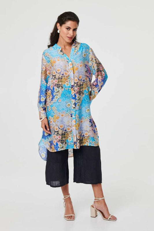Floral Long Sleeve Longline Tunic Shirt in Blue