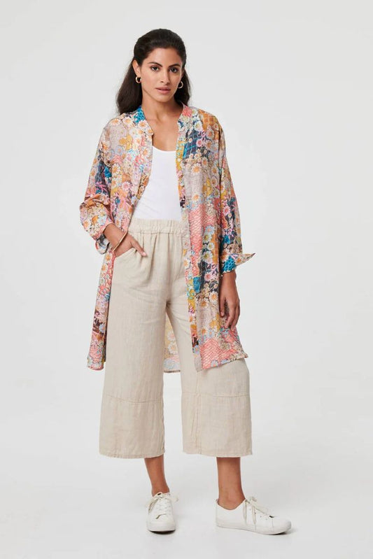 Floral Long Sleeve Longline Tunic Shirt in Pink