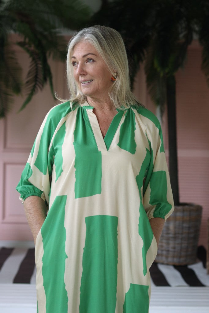 Bianca Raglan Dress in White / Green