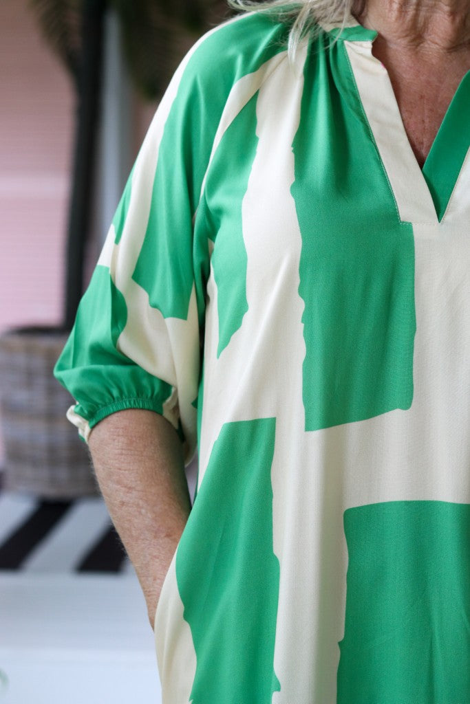 Bianca Raglan Dress in White / Green