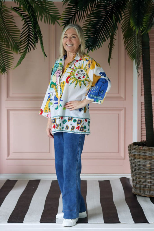 Kim Shirt in White & Blue Print