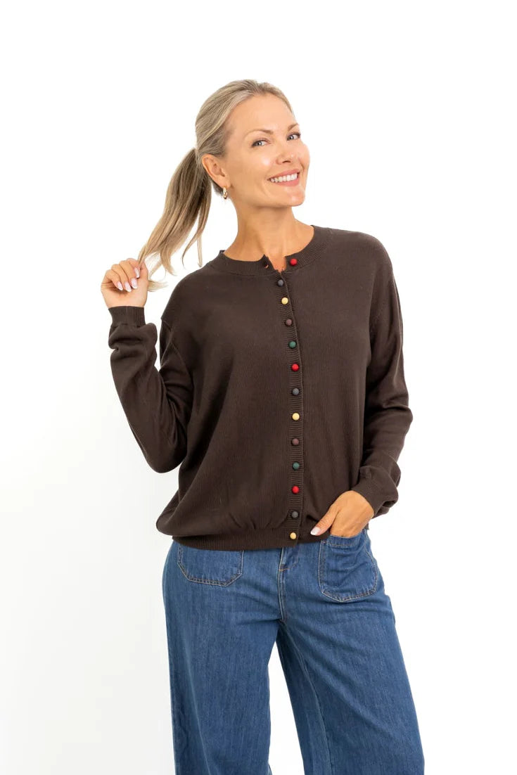 Glendale Multi Colour Button Cardi in Brown
