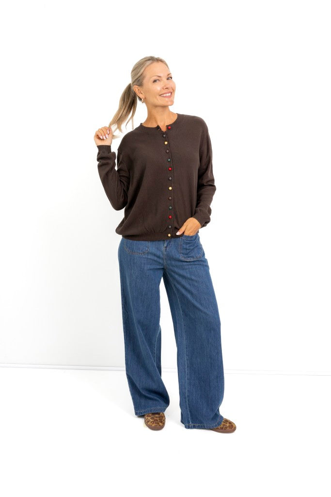 Glendale Multi Colour Button Cardi in Brown