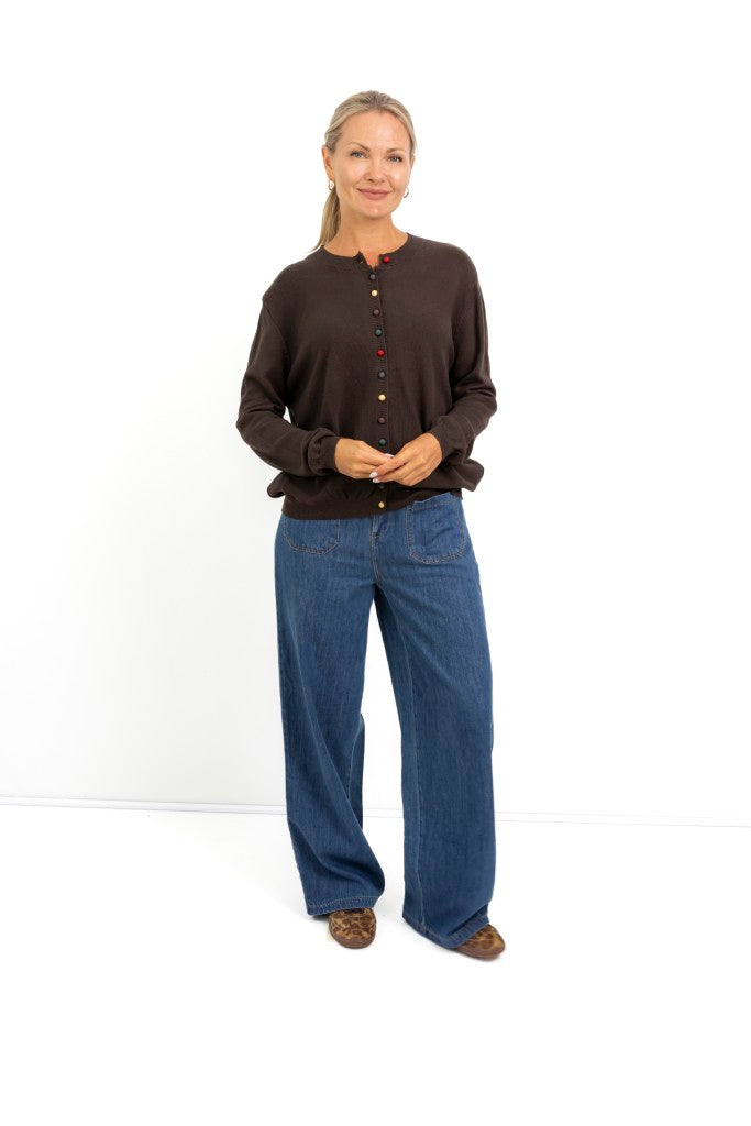 Glendale Multi Colour Button Cardi in Brown