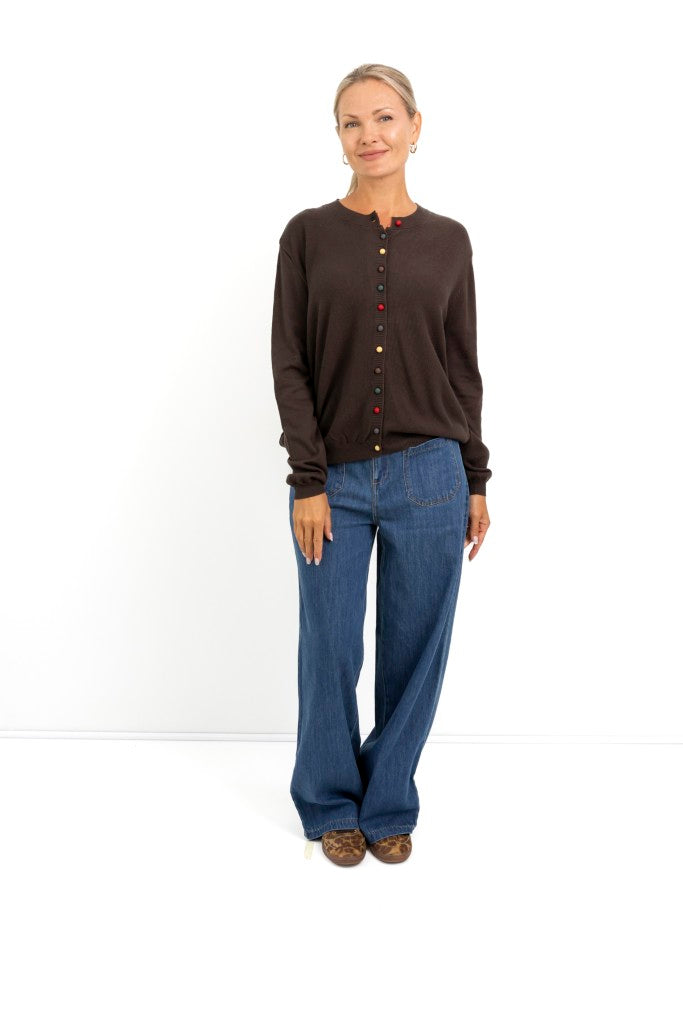 Glendale Multi Colour Button Cardi in Brown