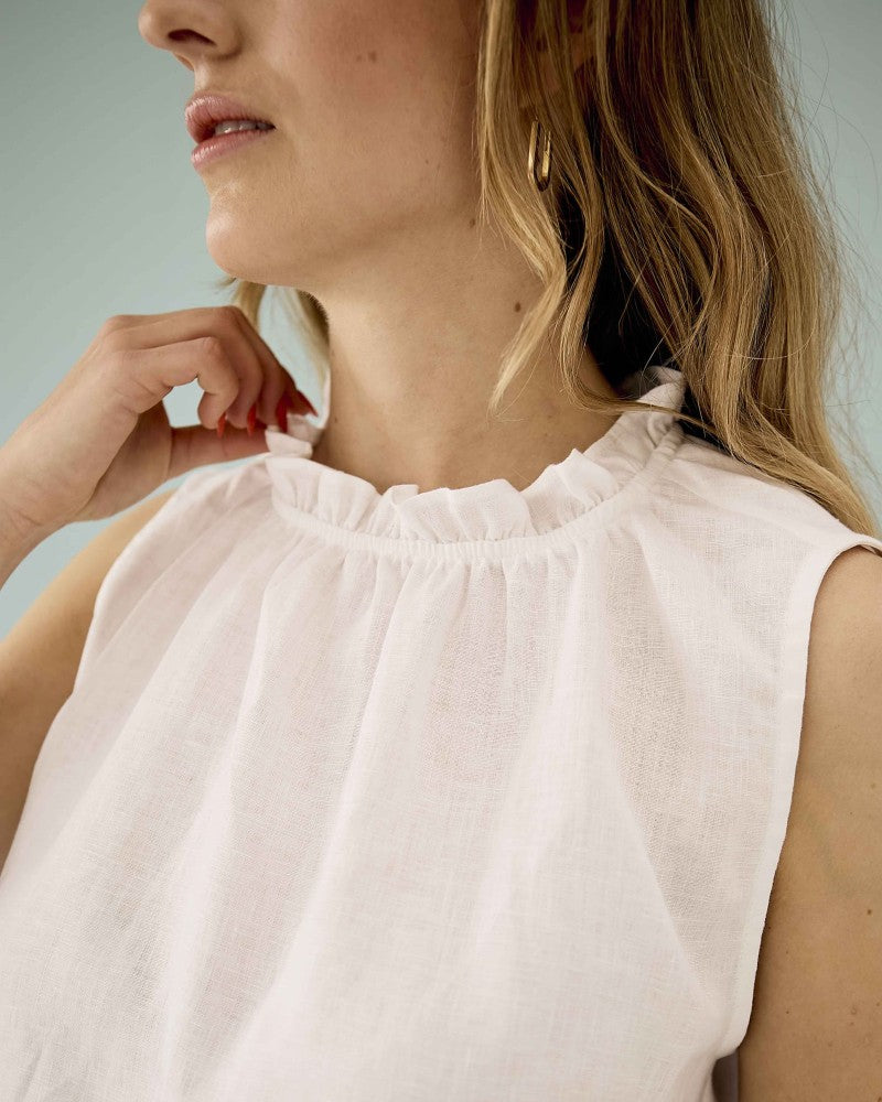Frill-Neck Top in White Linen
