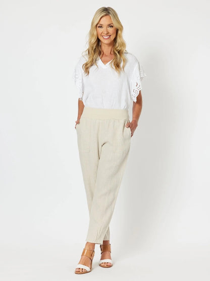 Sarah Jersey Rib Waist Linen Pant in Natural