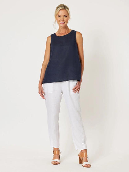 Sarah Jersey Rib Waist Linen Pant in White