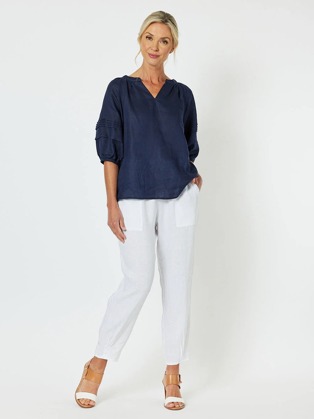 Sarah Jersey Rib Waist Linen Pant in White