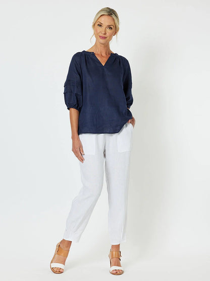 Sarah Jersey Rib Waist Linen Pant in White