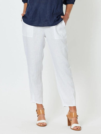 Sarah Jersey Rib Waist Linen Pant in White