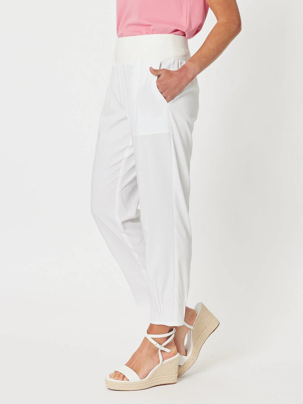 Sarah Jersey Rib Waist Linen Pant in White