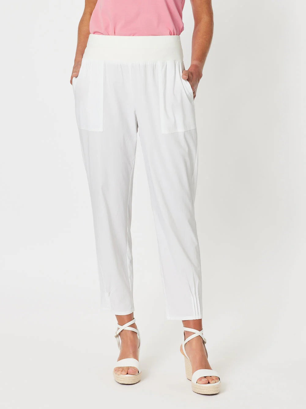 Sarah Jersey Rib Waist Linen Pant in White