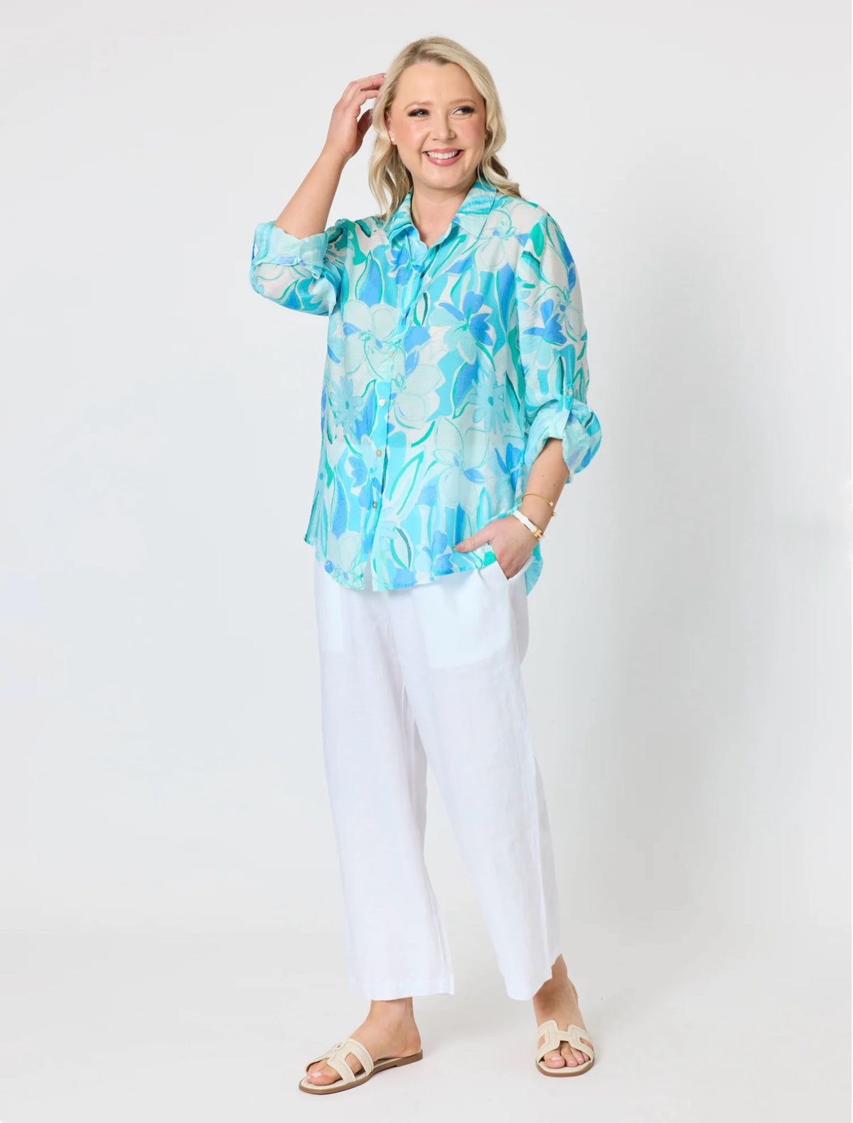 Island Bloom Print Shirt in Seafoam Green