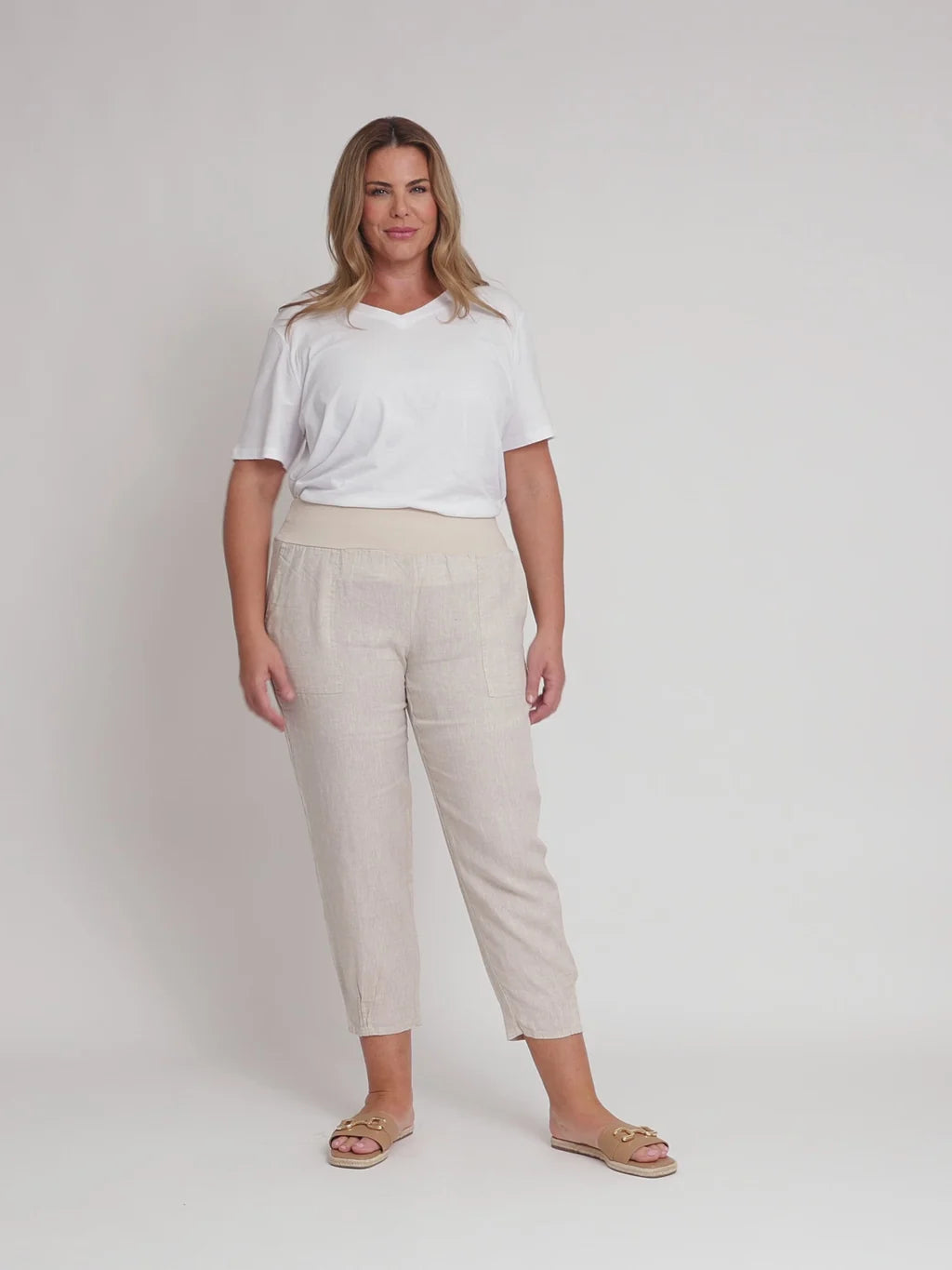 Sarah Jersey Waist Linen Pant in Natural