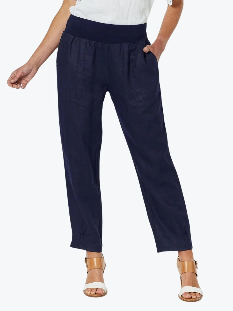 Sarah Jersey Waist Linen Pant in Navy