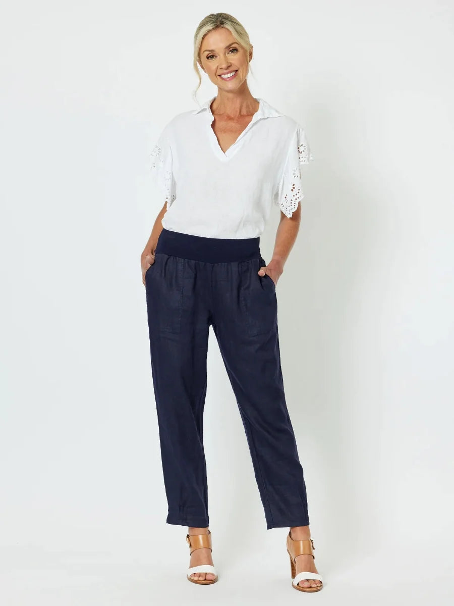 Sarah Jersey Waist Linen Pant in Navy