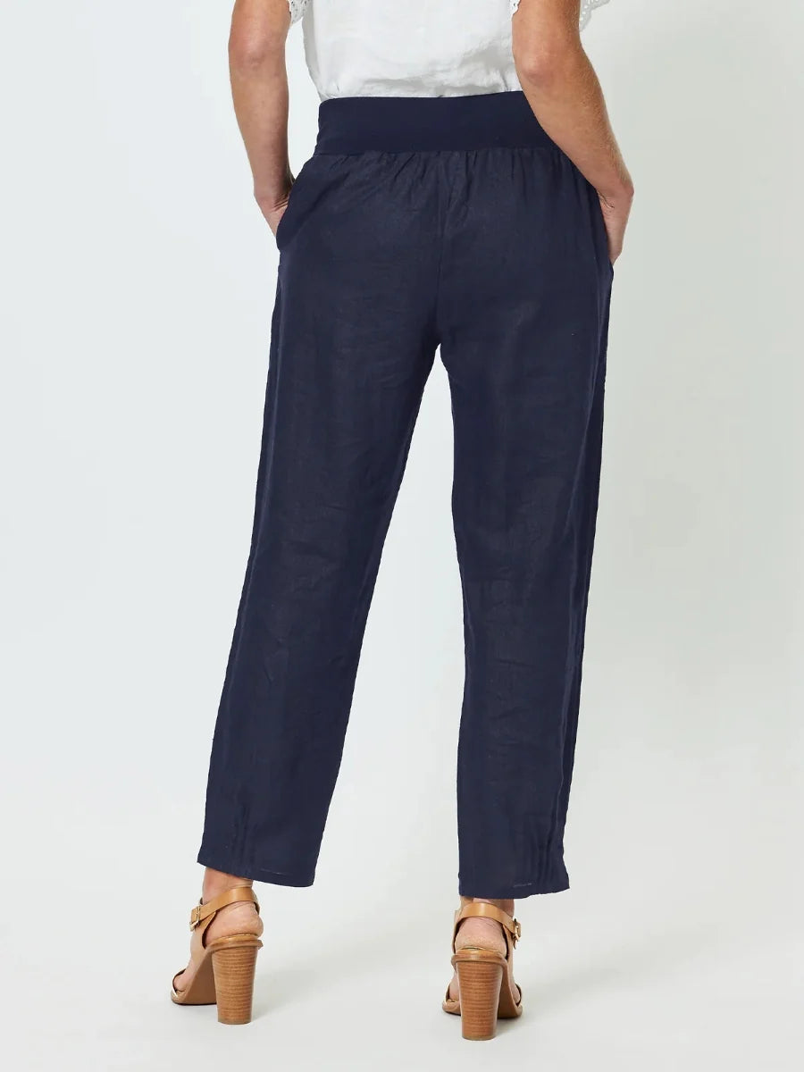 Sarah Jersey Waist Linen Pant in Navy