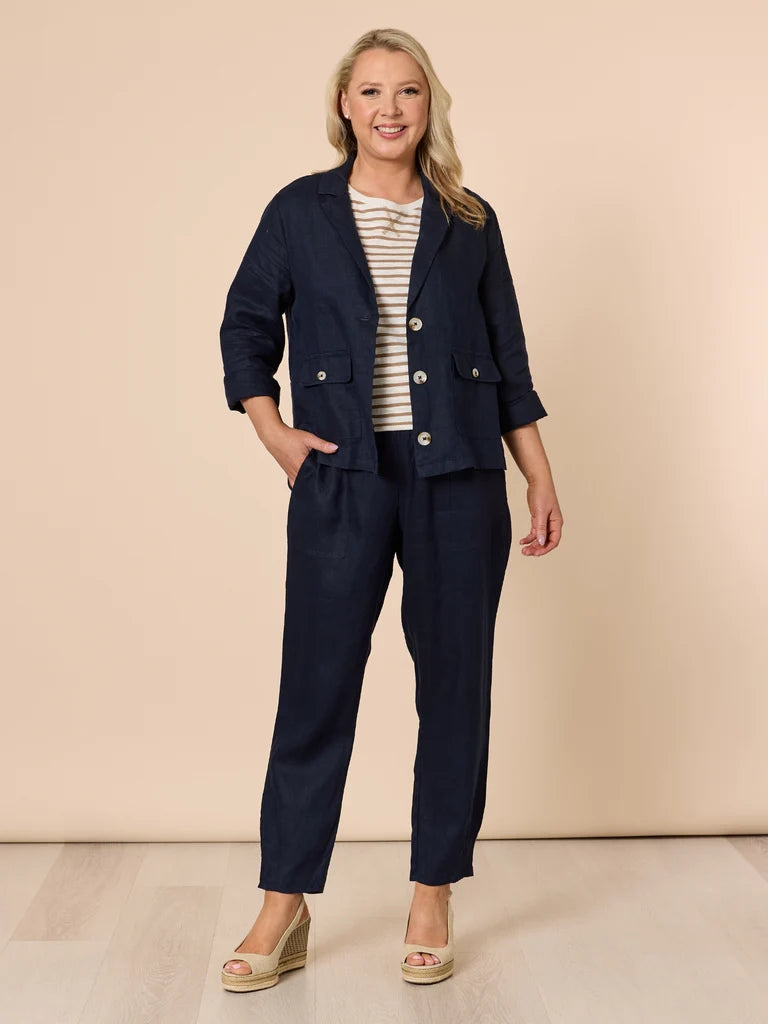 Sarah Jersey Waist Linen Pant in Navy