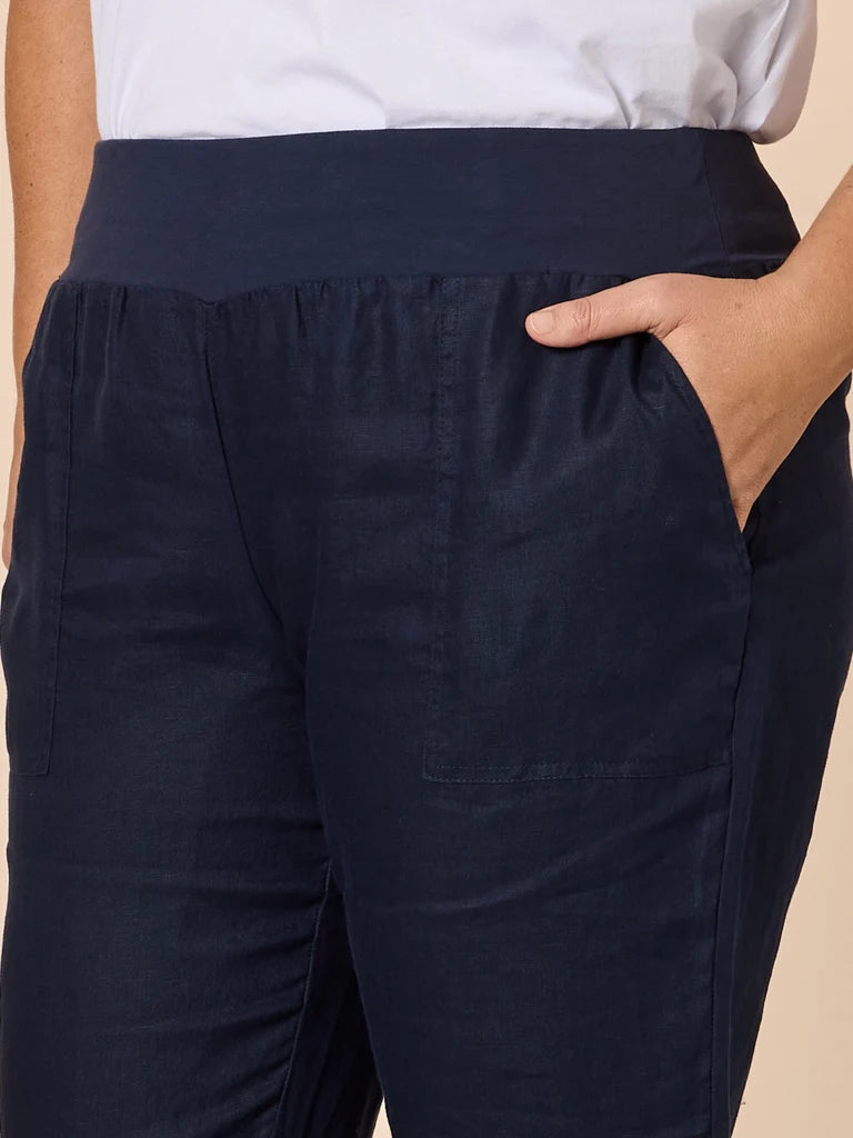 Sarah Jersey Waist Linen Pant in Navy