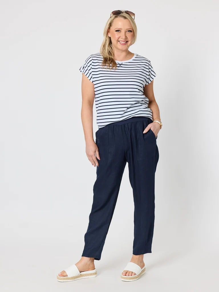 Sarah Jersey Waist Linen Pant in Navy