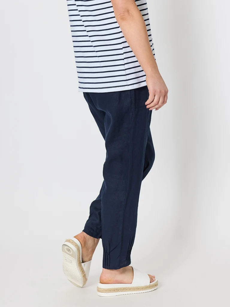 Sarah Jersey Waist Linen Pant in Navy