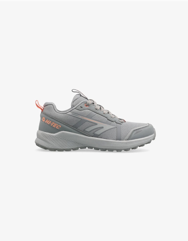 Gray sneaker with orange accents on a white background