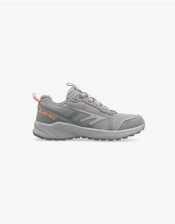 Gray sneaker with orange accents on a white background