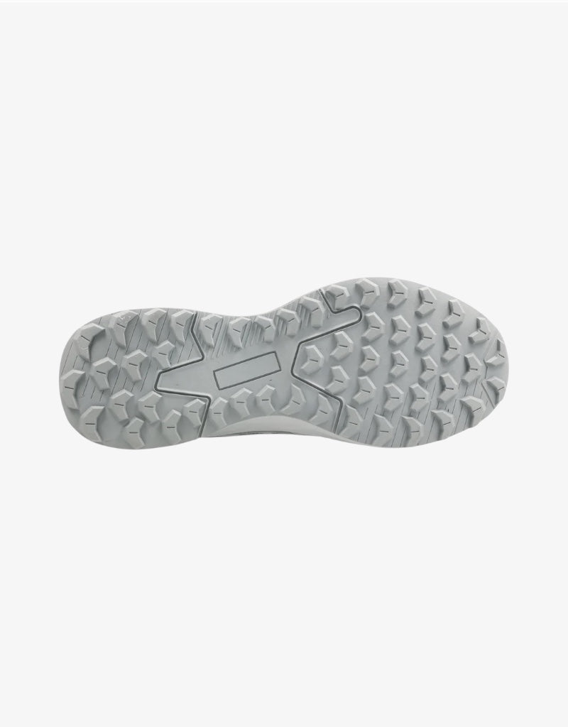 Close-up of a gray shoe sole with tread pattern on a white background