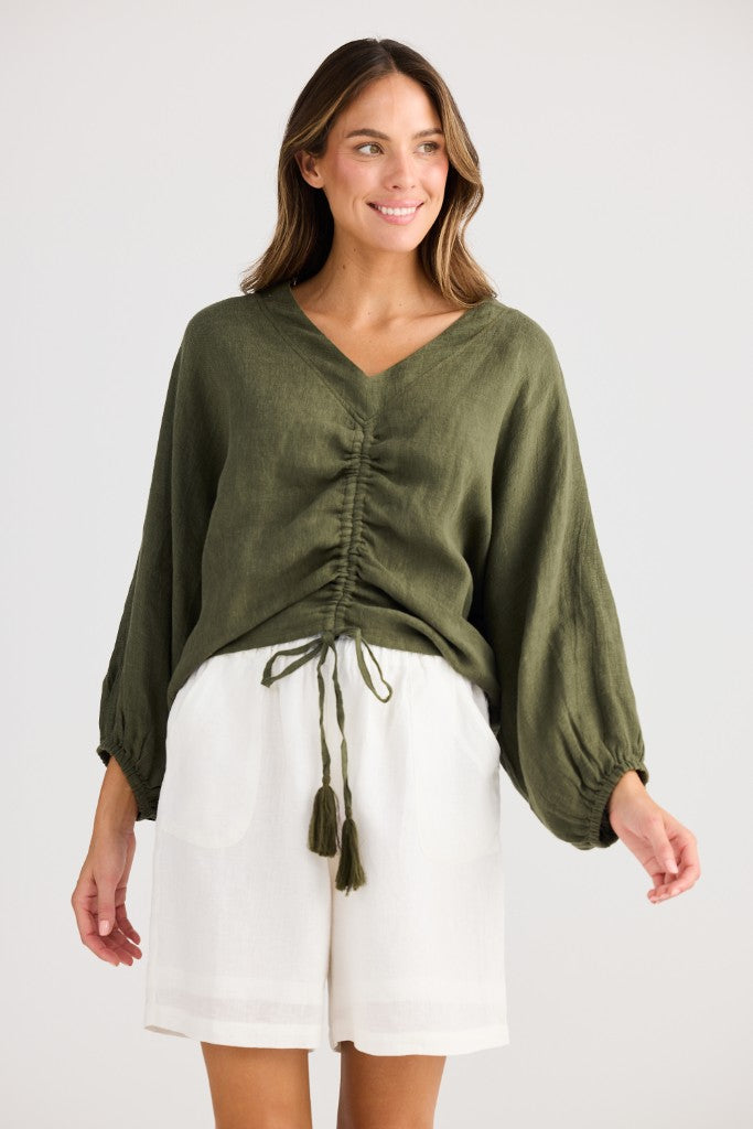 Happy Hour Linen Top in Olive