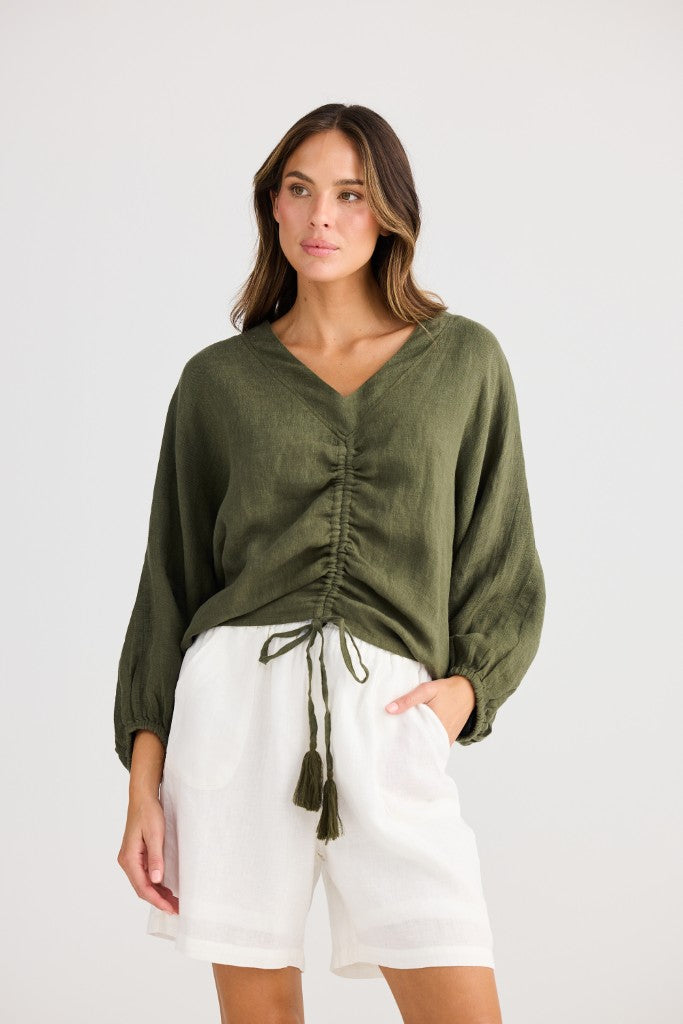 Happy Hour Linen Top in Olive