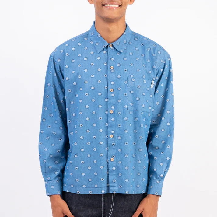 Cotton Woven Circles Shirt in Blue