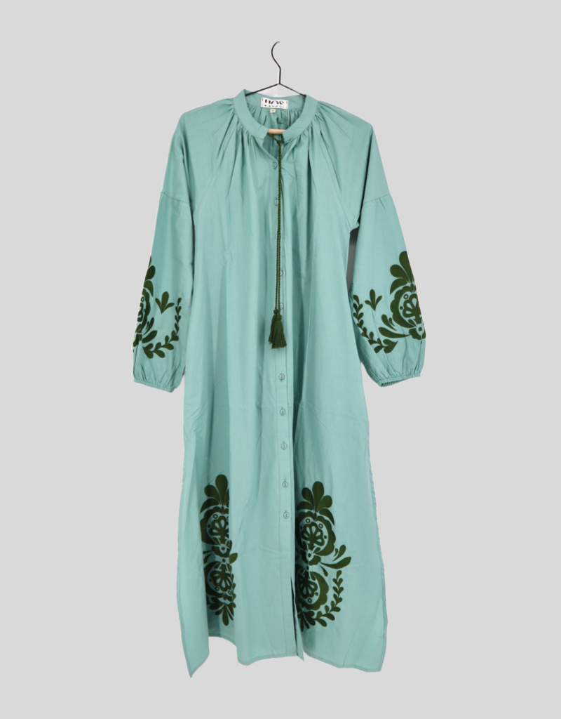 Puff Sleeve Embroidered Dress in Sage