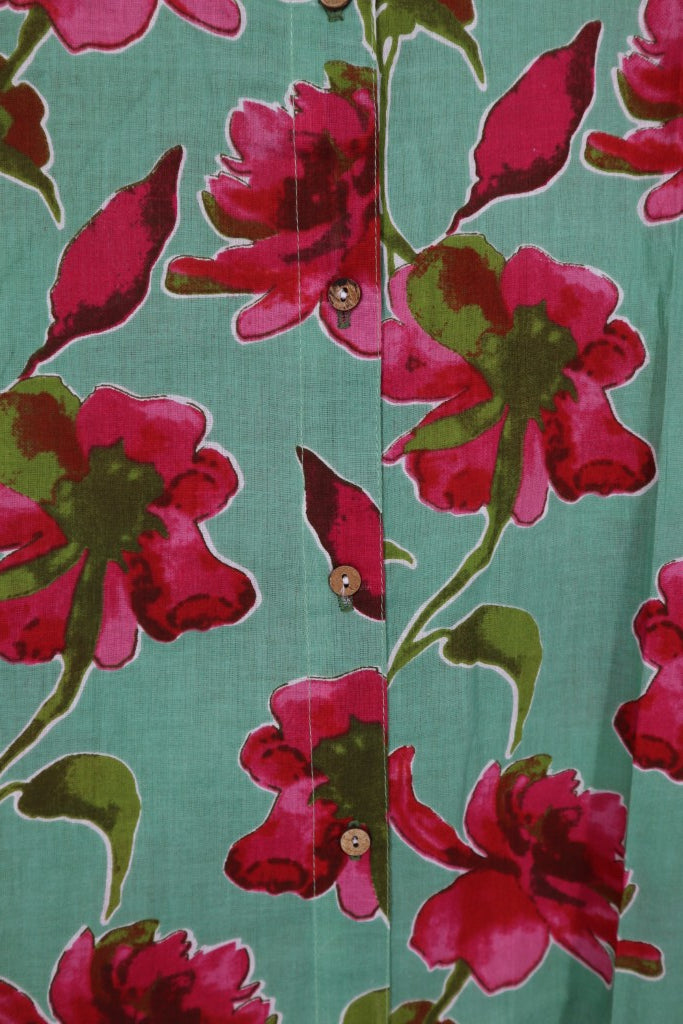 Long Button Down Dress in Green / Pink Flower
