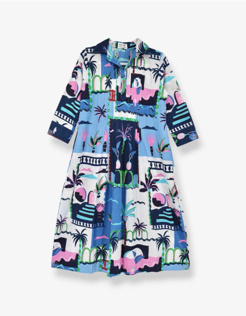 Pin Tuck Dress in Blue Multi