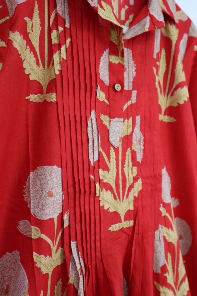 Pin Tuck Dress in Red Flower