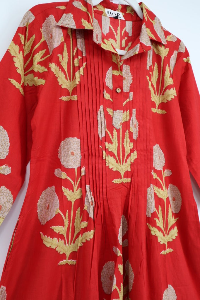 Pin Tuck Dress in Red Flower