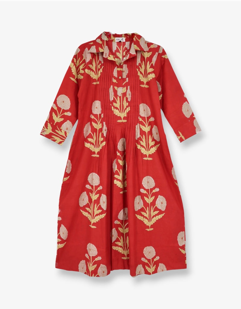 Pin Tuck Dress in Red Flower