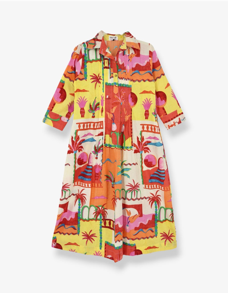 Pin Tuck Dress in Yellow Multi