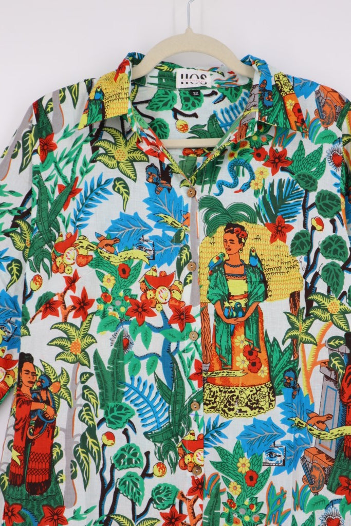 Short Button Down Dress in White Multi