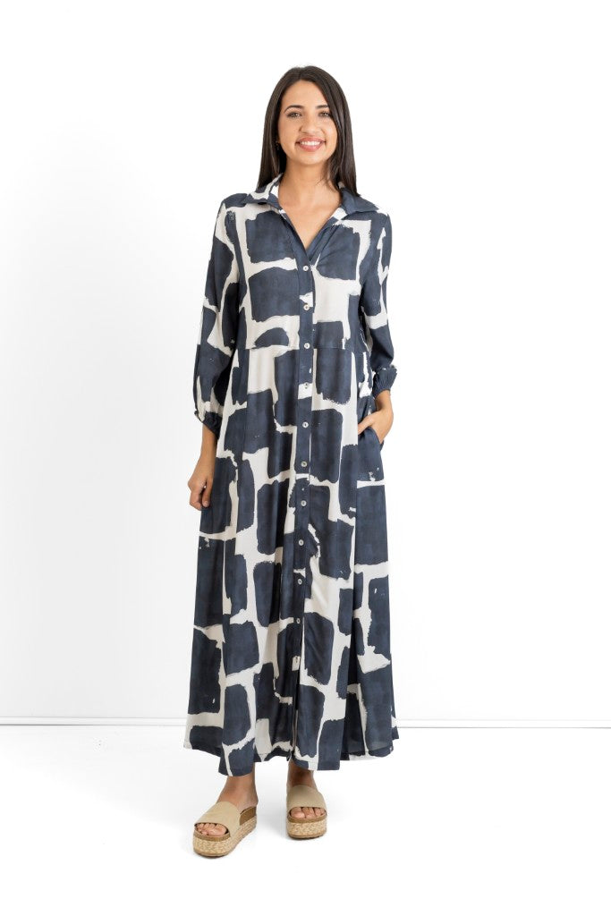 Emily Long Button Through Dress in Ink Impressions