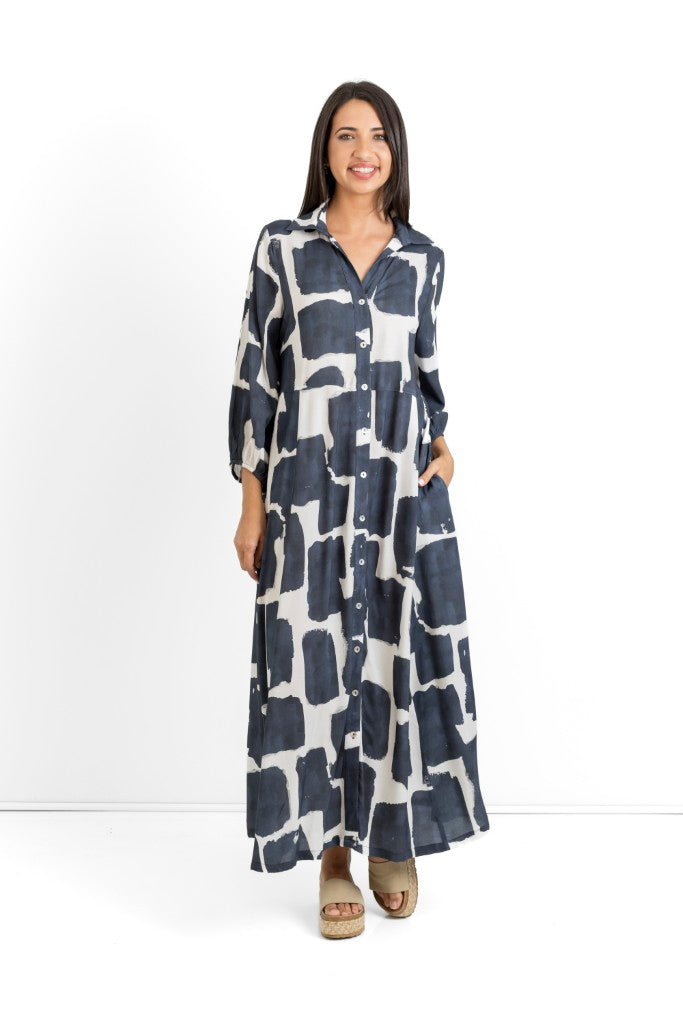 Emily Long Button Through Dress in Ink Impressions