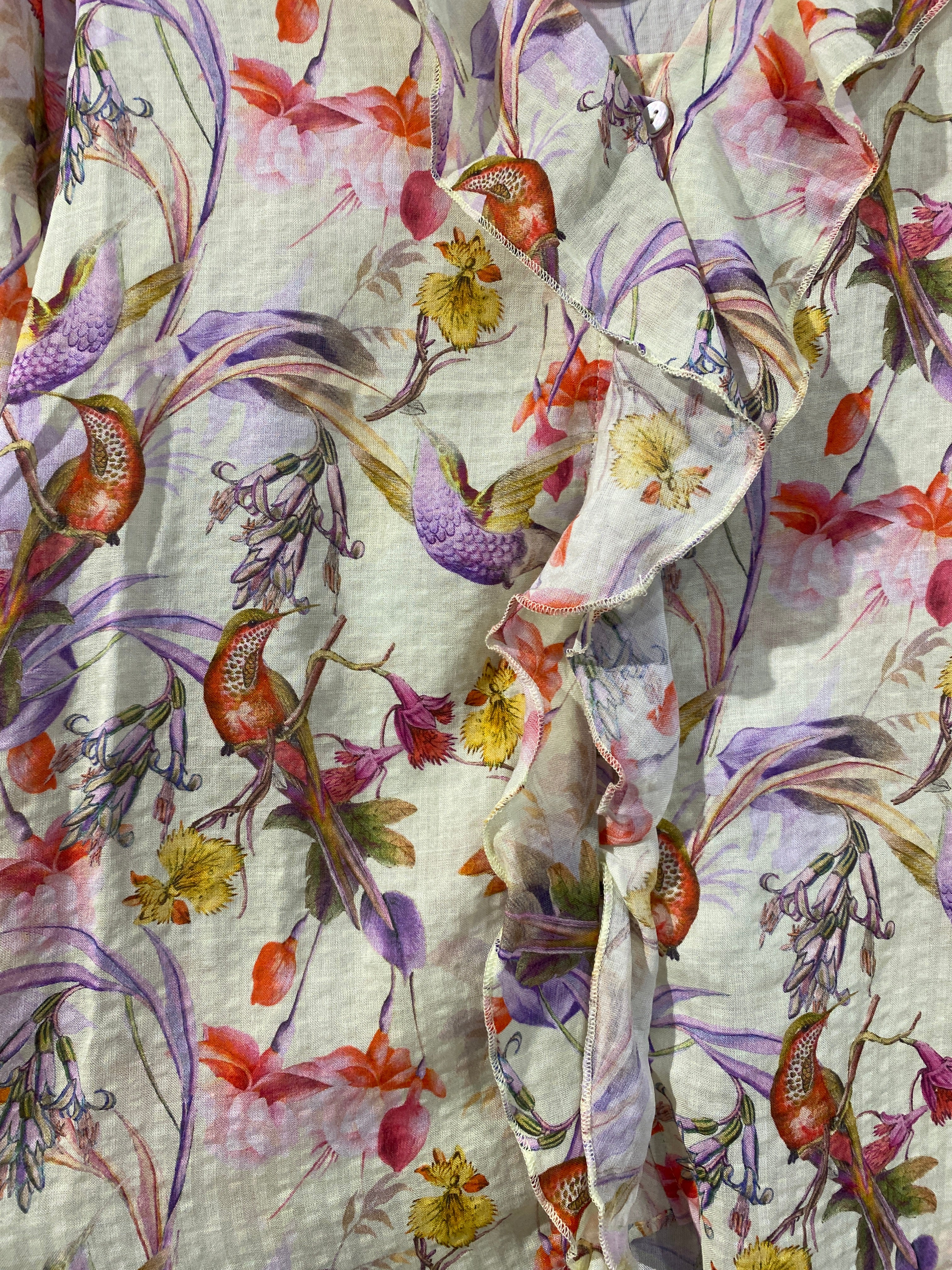 Bird Printed Frill Top in Cream