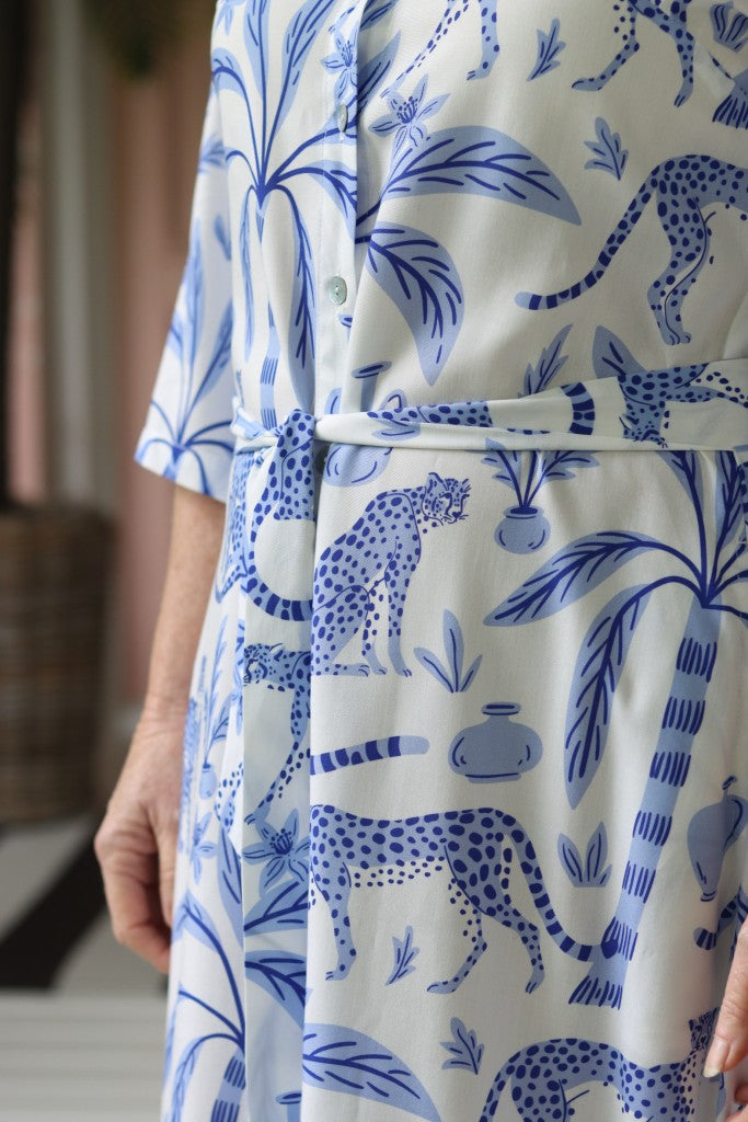 Bella Long Shirt Dress in White & Blue