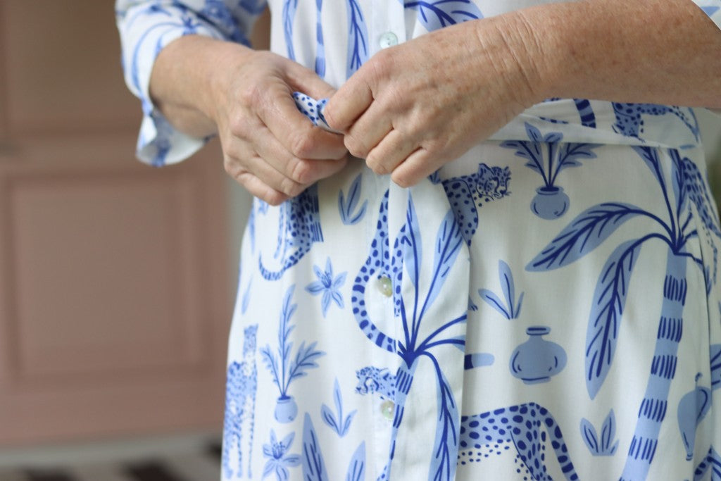 Bella Long Shirt Dress in White & Blue
