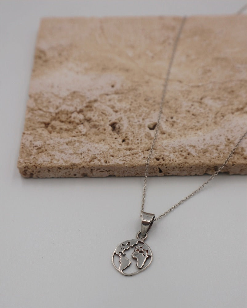 Sterling Silver World Map Necklace