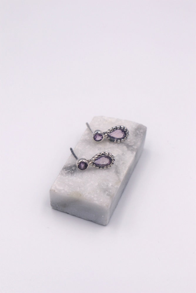 Sterling Silver 2 Drop Amethyst Studs