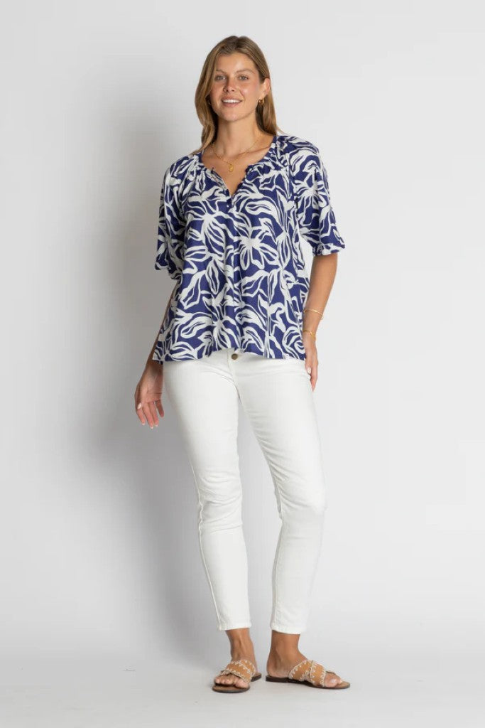 Rochester Frill Sleeve Top in Ocean / Ink